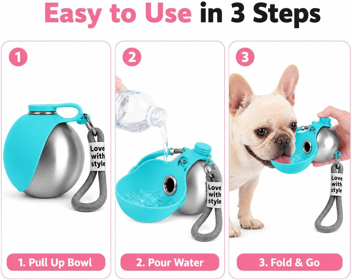 Portable Dog Water Bottle, 10 Oz Stainless Steel Pet Travel Dispenser with Silicone Foldable Bowl, Leak Proof Tumbler, Dog Walking Accessories for Hiking and Small Pets (Blue)
